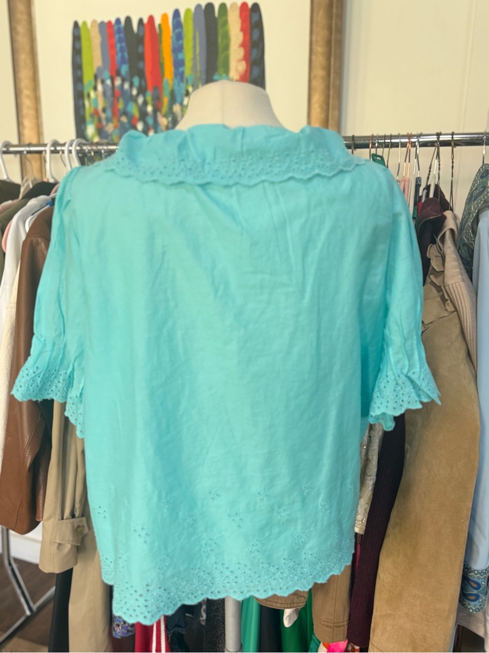 Talbots Turquoise Embroidered Eyelet Ruffle Top - Picture 3 of 3